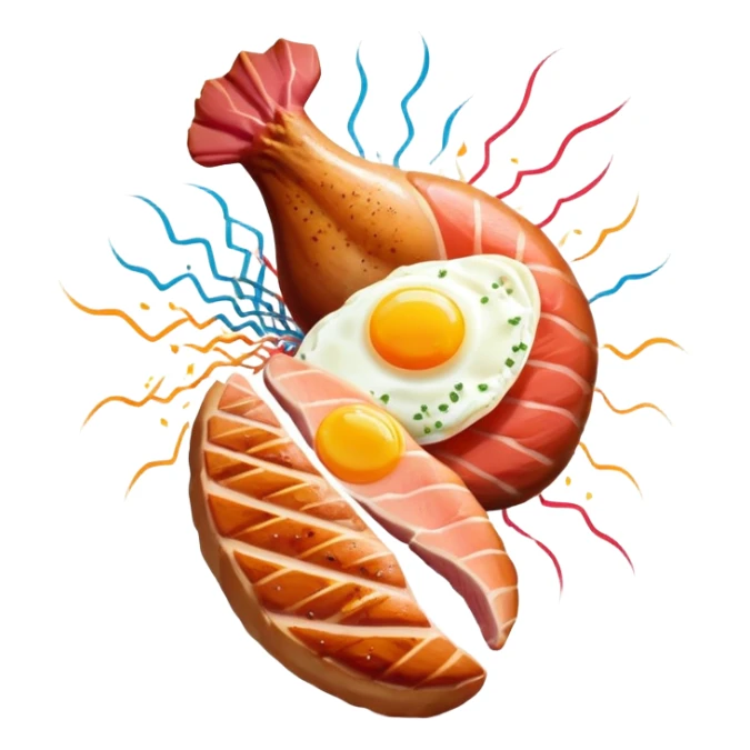Protein party explosion with chicken breast, red meat steak, salmon fillet, and egg bursting upward from center like fireworks, with the largest chicken piece in front, DNA strands spiraling around them, and muscle silhouette in background sticker