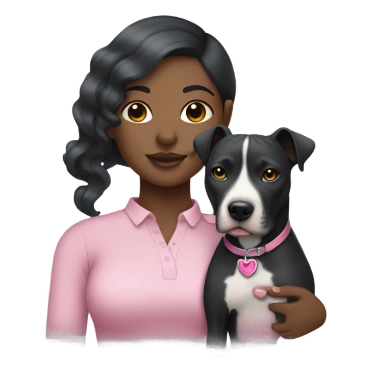 Black lady with black hair hugging all grey pitbull with pink collar sticker
