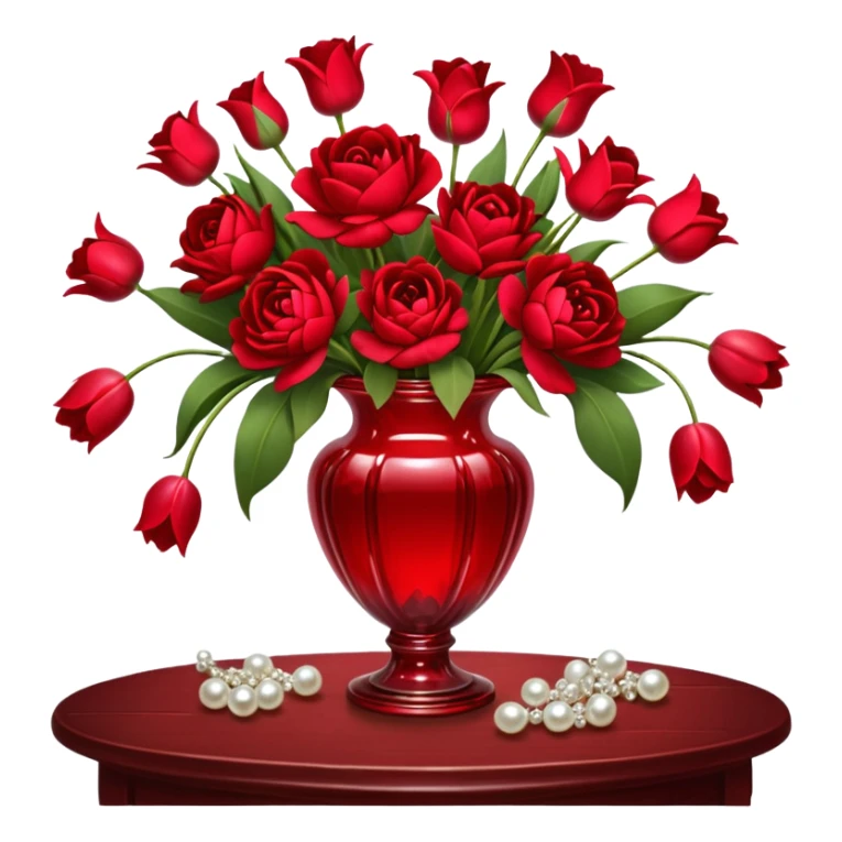 "A romantic still life of a crystal-clear red glass vase brimming with a lavish mix of scarlet roses, tulips, peonies, and silk-like pansies, with pearl-hued ribbons cascading gracefully over a vintage wooden table."
 sticker