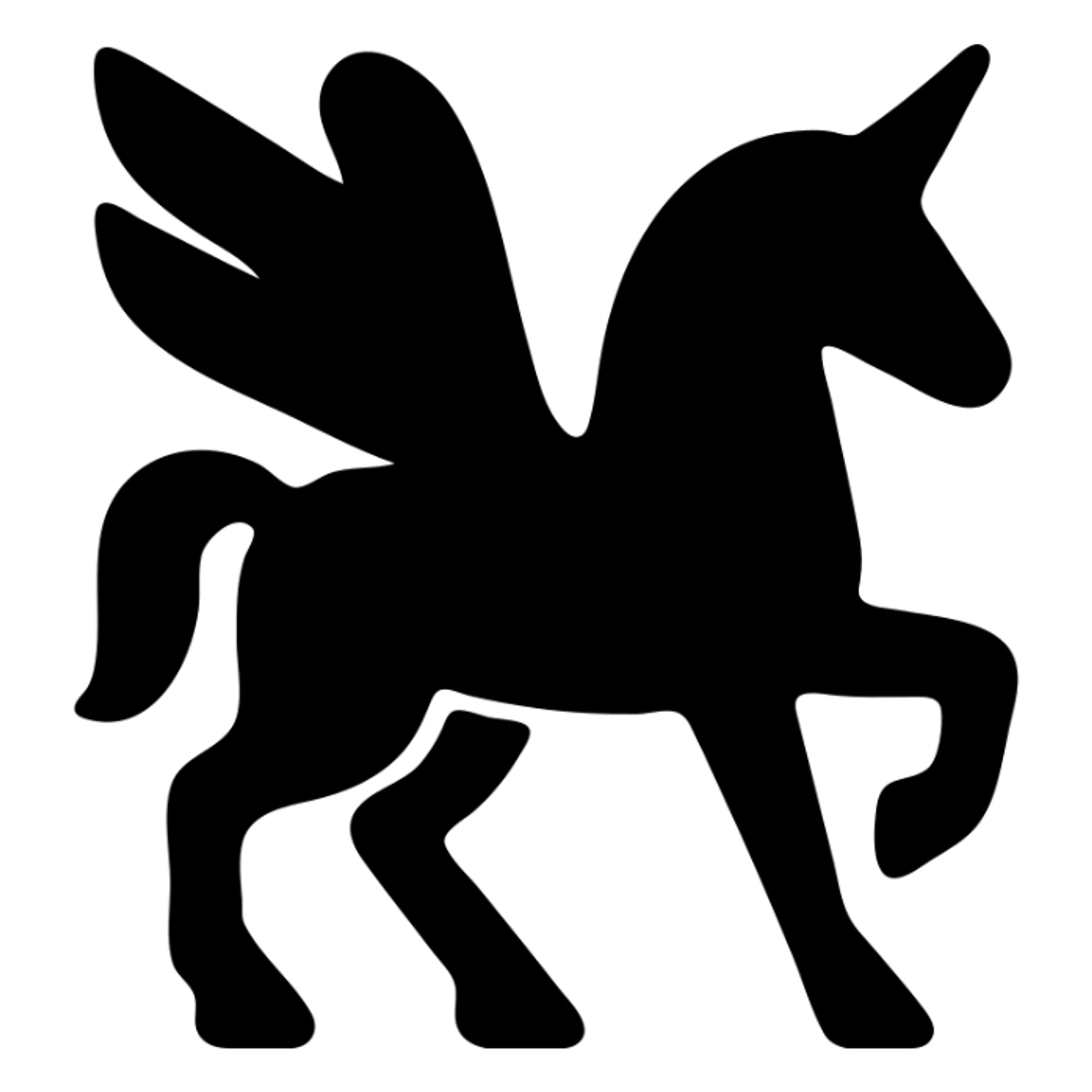 A unicorn in a black filled icon style, with wings. sticker