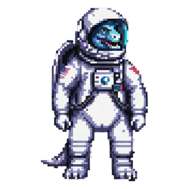 pixel art t-rex astronaut with a space helmet sticker