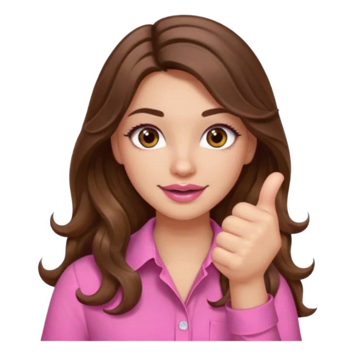 girl with long wavy brown hair, brown eyes, light to medium complexion, in a pink shirt, pink lips, long lashes, thumbs up sticker