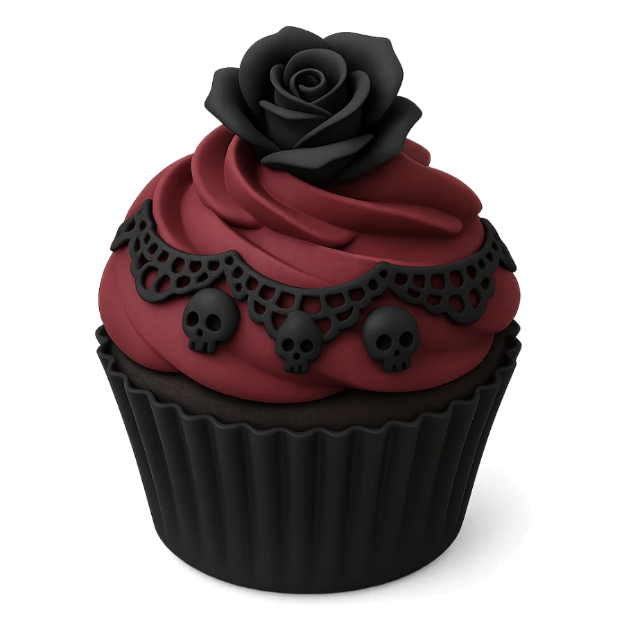 Gothic cupcake in 3D black style, burgundy color, with gothic decorations such as black lace, tiny skulls, and dark roses, no background sticker