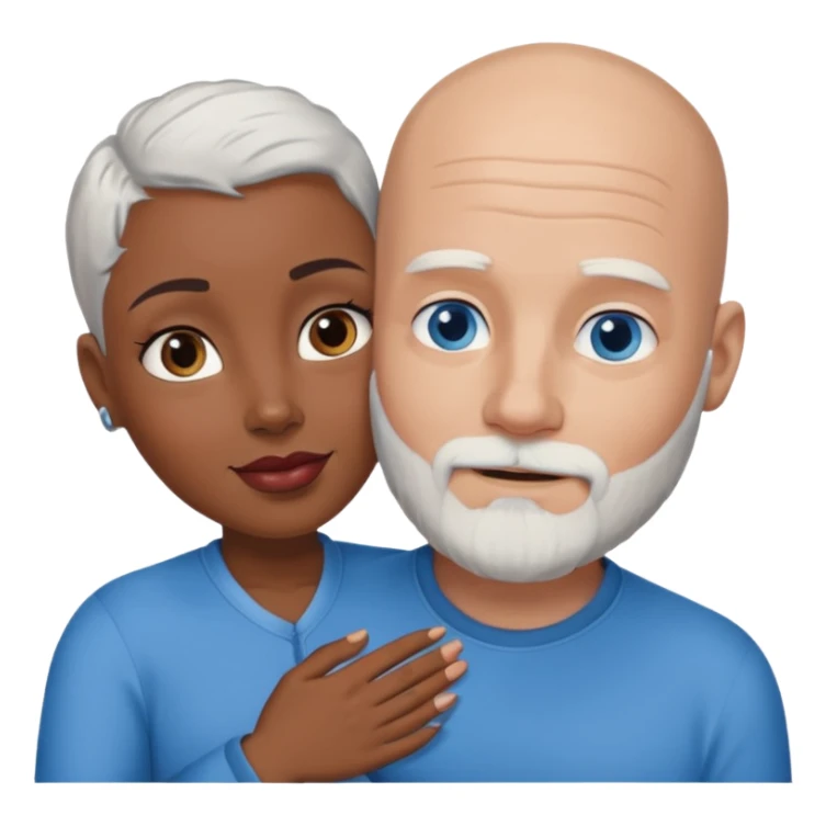 Talk bald white man with a white beard and blue eyes lovingly holding a black woman with brown eyes and grey hair sticker