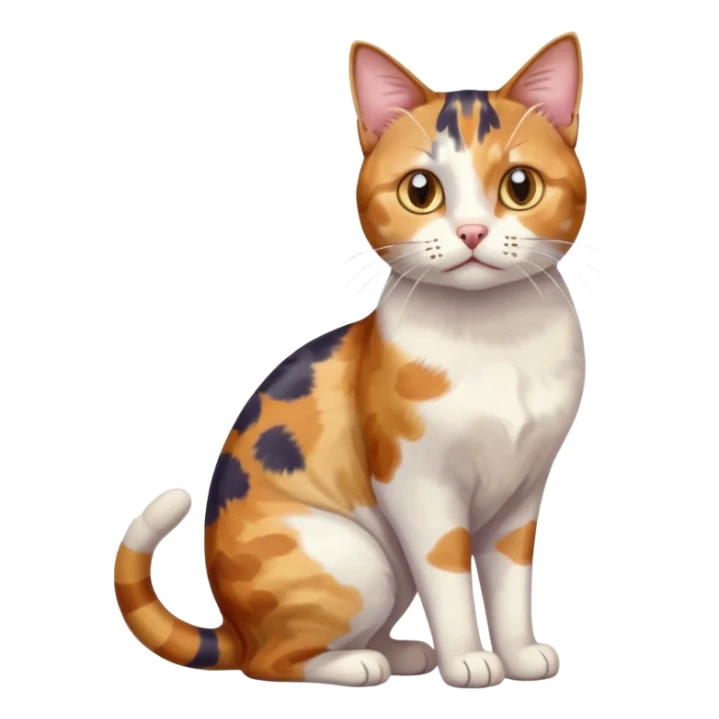 full body anxious looking colourful patchy calico tabby cat with tiny head to large body with fully white front legs sticker