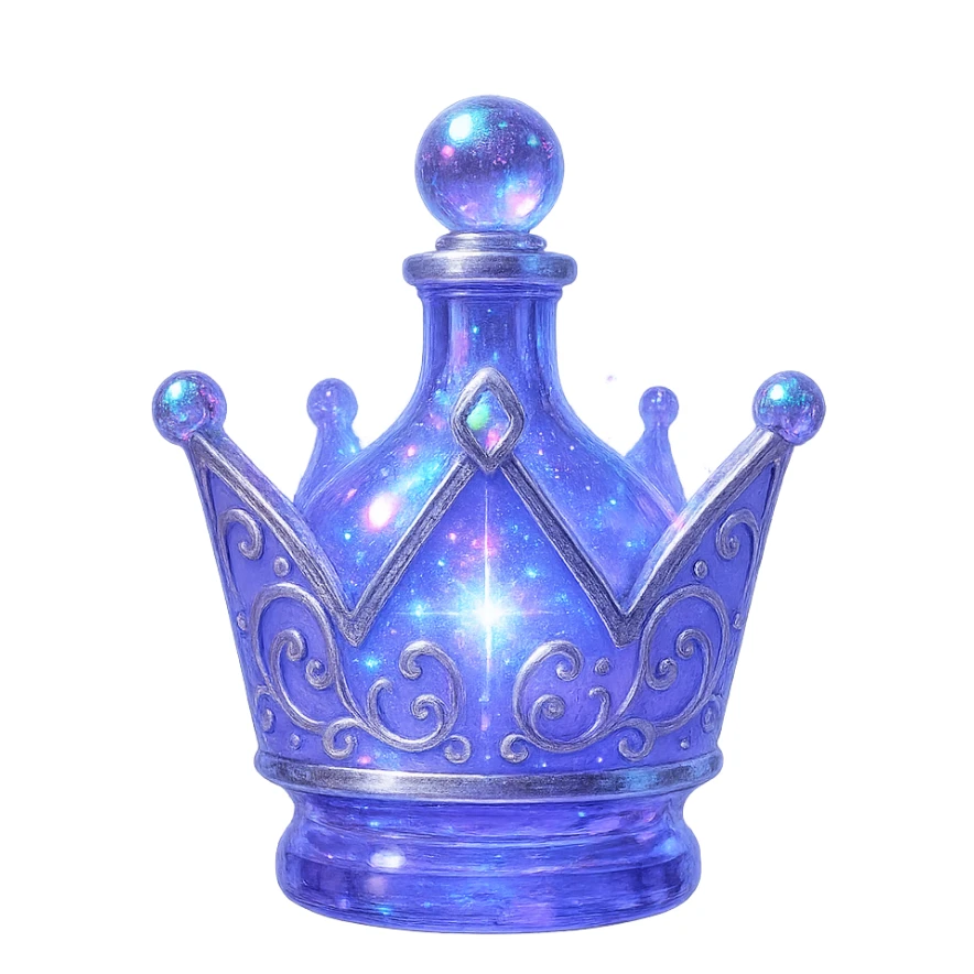 modernus mažas prabangus eliksyro buteliukas, karūnėlės forma, spalva #7986cb, holografiniai ir sidabriniai ornamentai, stiprūs magiški švytėjimai ir efektai, labai mažas kaklelis, skaidrus fonas, vientisas dugnas, be šešėlio, plūduriuoja ore, kolekcijos stilius sticker