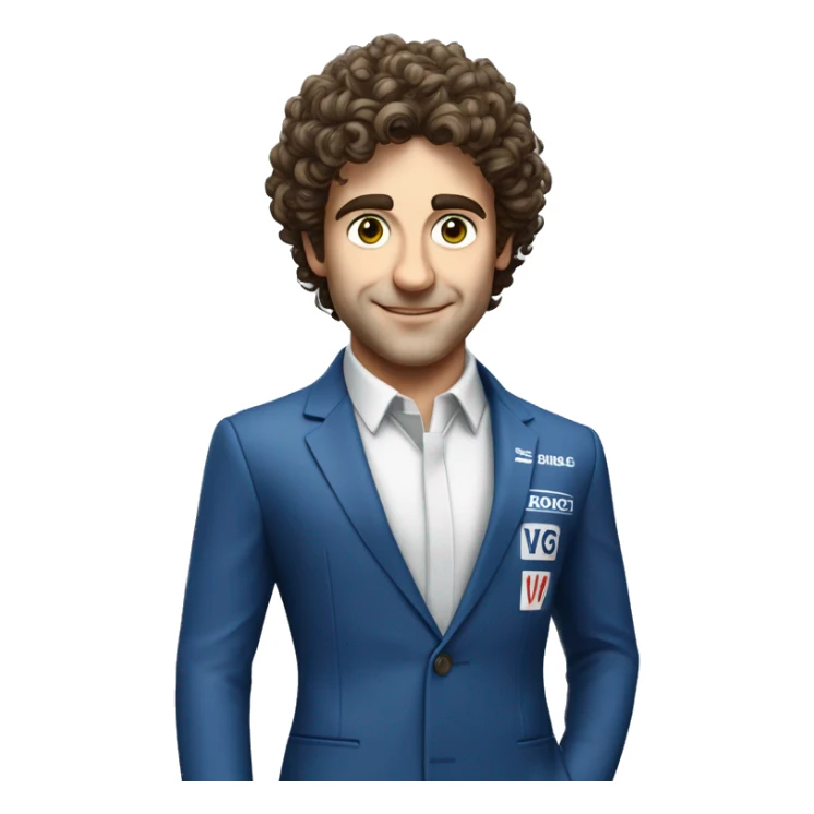 curly guy, Formula 1 pilot - Franco Colapinto. in a blue suit with the inscription Williams racing sticker
