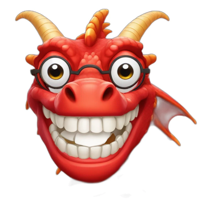 Crazy funny red dragon head with human white teeth and beautiful smile wearing glasses sticker