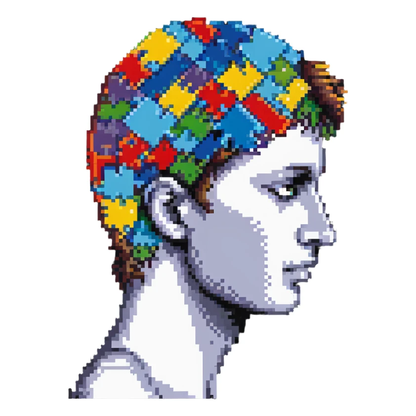 A man's head as a mosaic puzzle, with pieces fitting into his head sticker