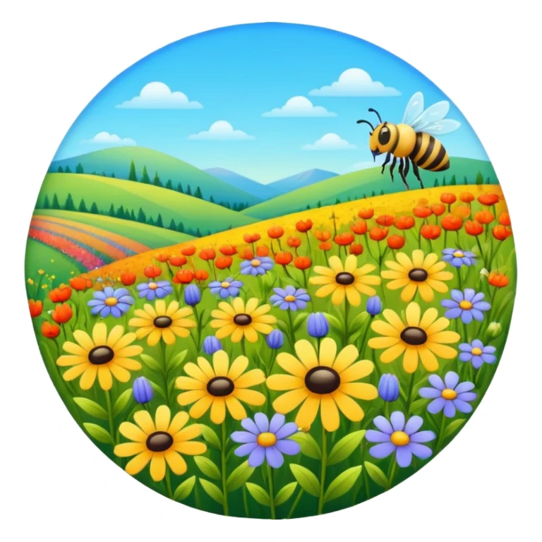 colorful field with wildflowers and a bee, bright and rounded sticker