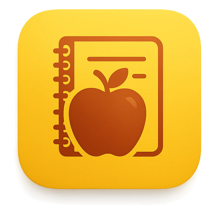 iOS app icon style for folder 'School': square with strongly rounded corners, yellow color gradient, symbol of an apple and notebook in the center, modern look sticker