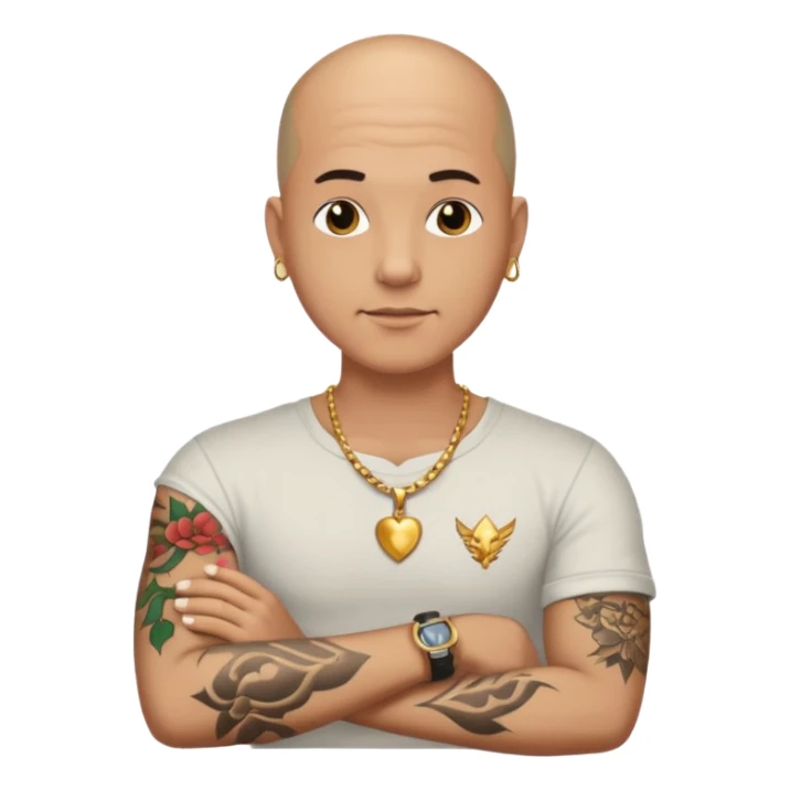 a bald man wearing necklace, having tattoo sticker