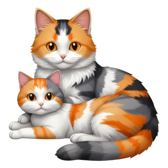 full body colourful light patched calico + white tabby cat cuddling a grey and white cat  sticker