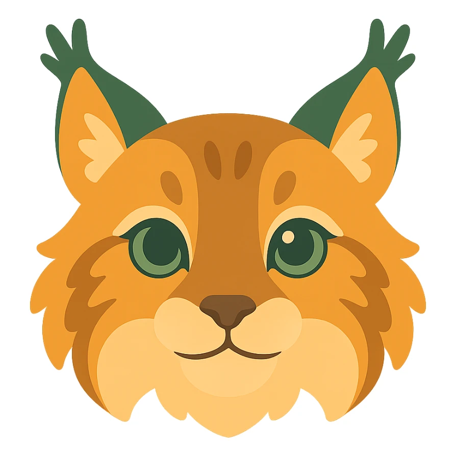 A cute and soft lynx face with big, expressive eyes, designed in a warm and magical color palette: golden orange (FA9B41), forest green (4A7C5C), muted taupe brown (96775A), and pastel peach (FFCC9A). The lynx’s fur is fluffy and soft, with a mix of warm browns and golden highlights. Its ears are tipped with tufts of fur in greenish tones, and its cheeks are gently rounded with subtle peach accents. The eyes are bright and curious, surrounded by soft fur in the warm color palette. The overall look is adorable, serene, and enchanting, evoking a gentle, woodland atmosphere. sticker