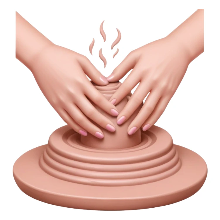 hands performing palm hug gesture on a pink mound of clay on a silver pottery wheel, gently hugging the clay to maintain moisture sticker