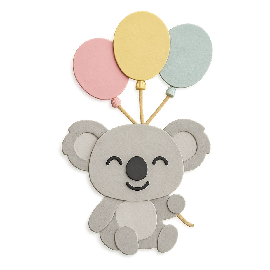 koala floating with pastel balloons, happy face, paper-craft style sticker