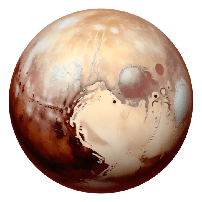 Pluto as a planet emoji, apple emoji style, mix of reddish-brown, white, and gray hues, large bright icy region like Sputnik Planitia, contrasting darker red-toned areas rich in tholins, simple and round, no text sticker