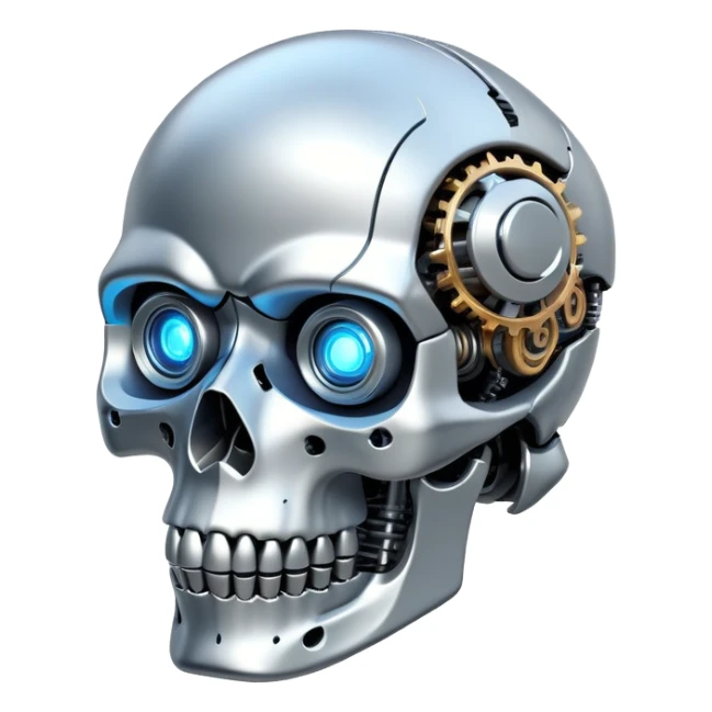 robotic skull with mechanical details and glowing eyes sticker