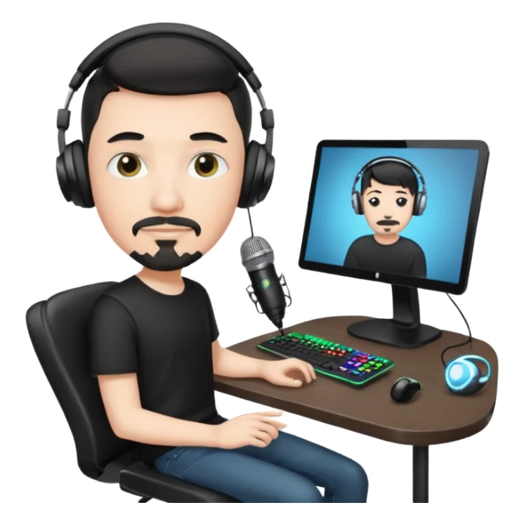 a setup of a youtuber, white skin, thin goatee, black short hair, with a desktop pc on a table, a gaming chair, microphone, white ring light sticker