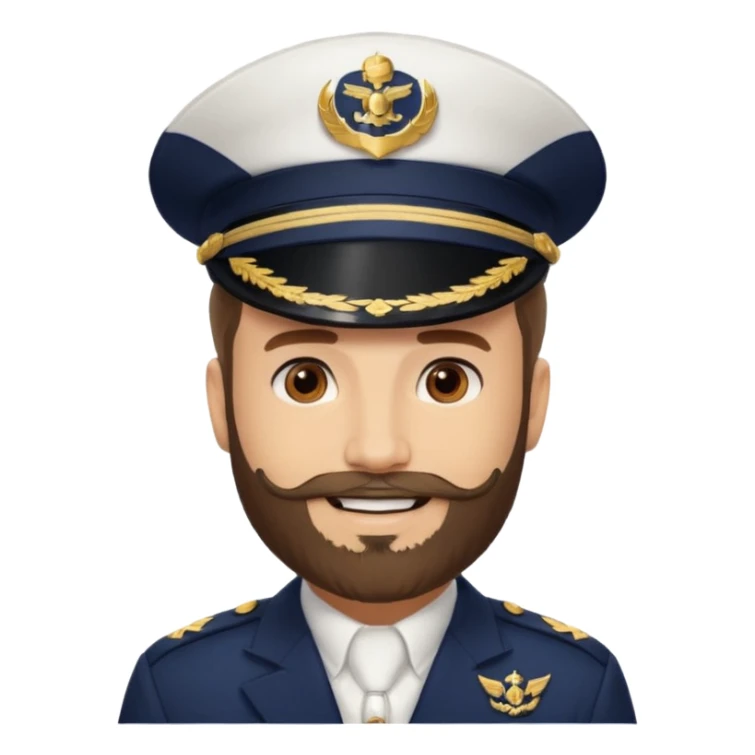 A light-skinned man with brown eyes and a beard, smiling while wearing a white captain’s hat with a navy emblem. sticker