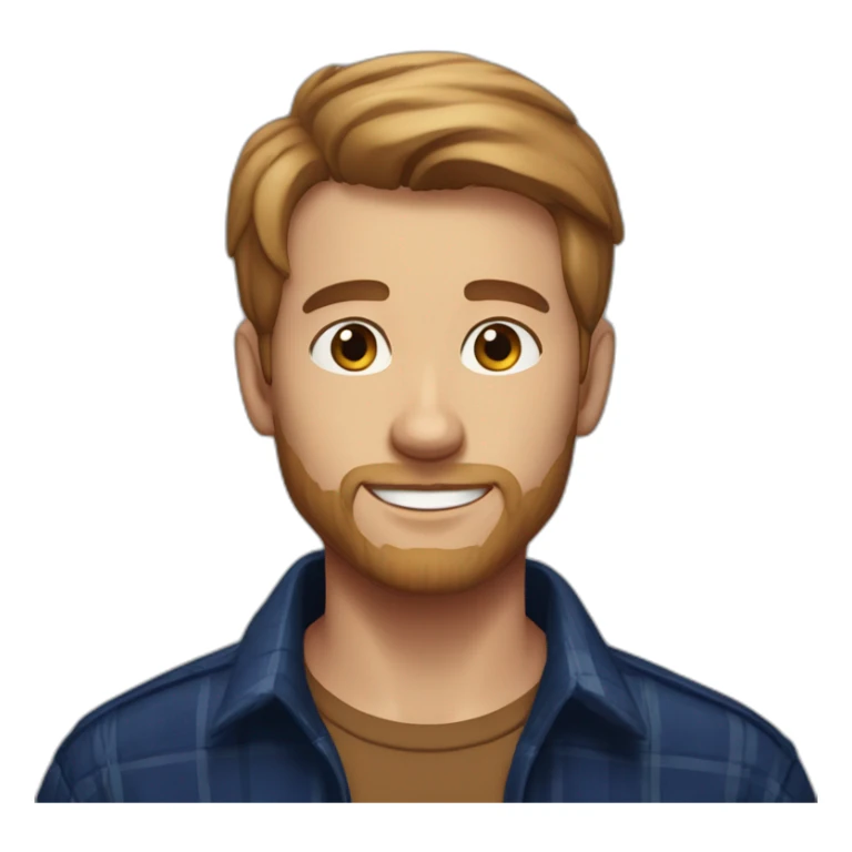 A young man with a well-defined light beard, neatly trimmed short brown hair, exuding confidence, clad in a navy blue checked flannel shirt. sticker