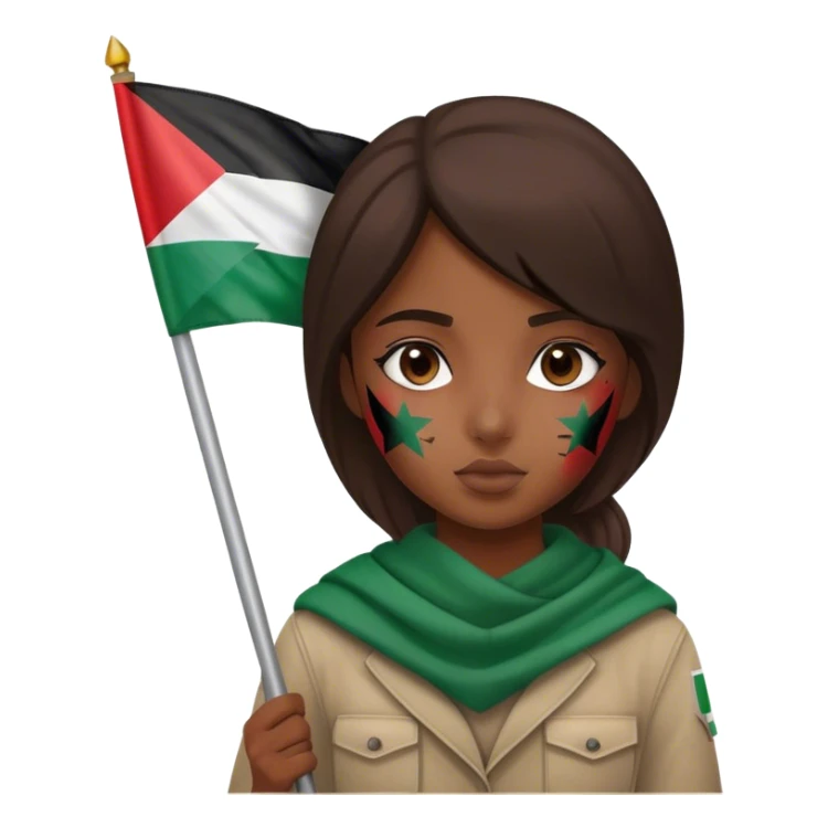 A girl holding a Palestine flag with dust on her face sticker