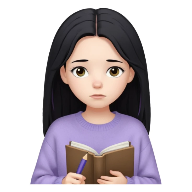 Maret – Cewe Overthinker/SENSITIF Kulit putih pucat lembut, rambut hitam panjang lurus agak messy, belah tengah. Pakai sweater lavender terang oversized. pegang jurnal & pulpen, tatapan kosong mikir. sticker