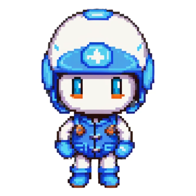 Classic bomberman character, blue and white colors, round helmet with antenna, cute pixel art style sticker