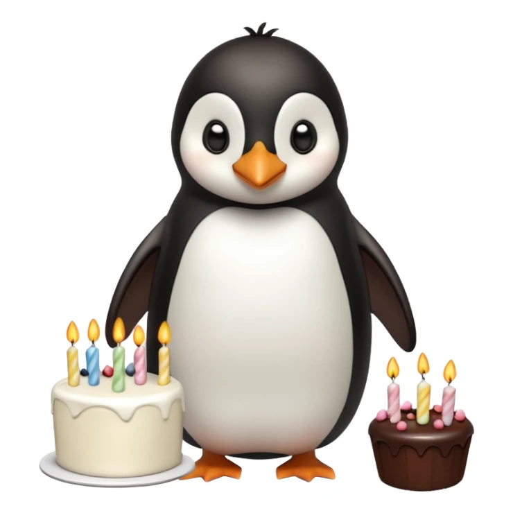 A penguin standing near a cake, feeling shy from a surprise celebration, portrait, bust up sticker