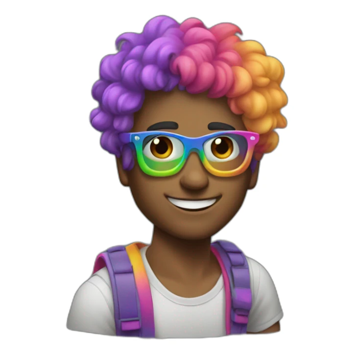 a guy, with rainbow glasses, with rainbow hair, with badly applied makup, trying to smile sticker