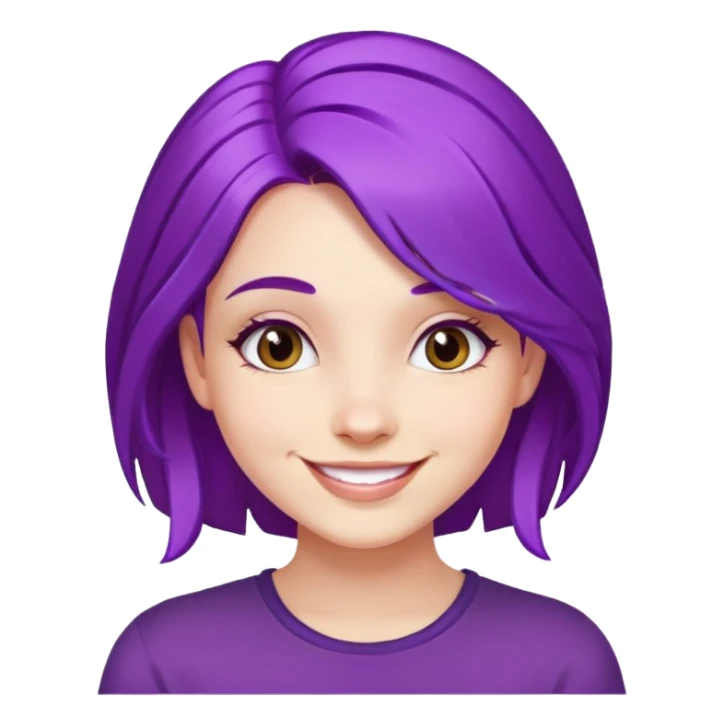 A girl with vibrant purple hair, smiling face sticker