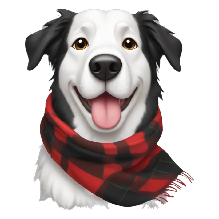 Black and white lab collie wearing a plaid red winter scarf sticker