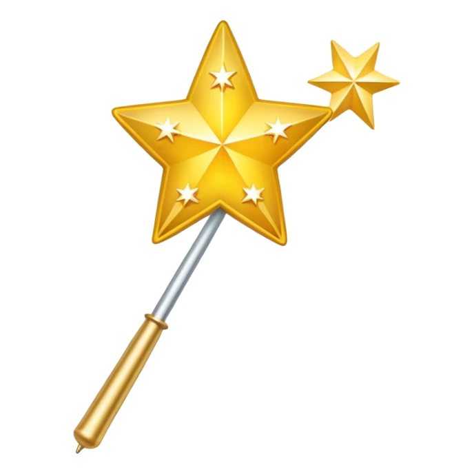 Magic wand with gradient yellow stars, golden handle with star tip, magical sparkles flying out, similar to Apple emoji style sticker