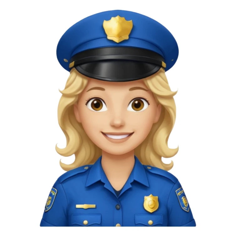 Female POLICE IN blue, long blonde curly hair, happy smile sticker