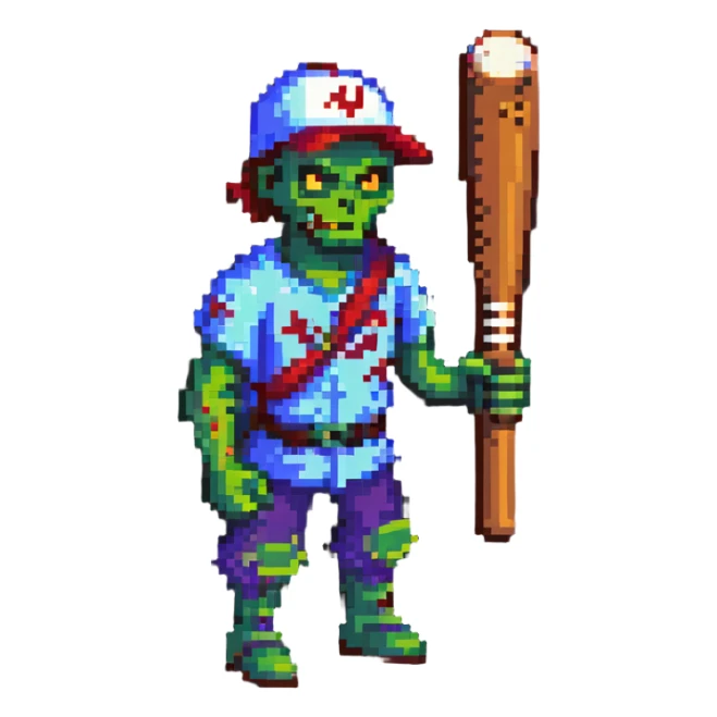 isometric zombie survivor with baseball bat from Project Zomboid sticker
