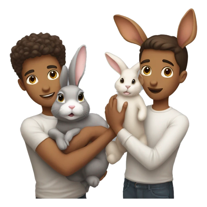 brunette young man holding a ginger bunny and a gray bunny sticker