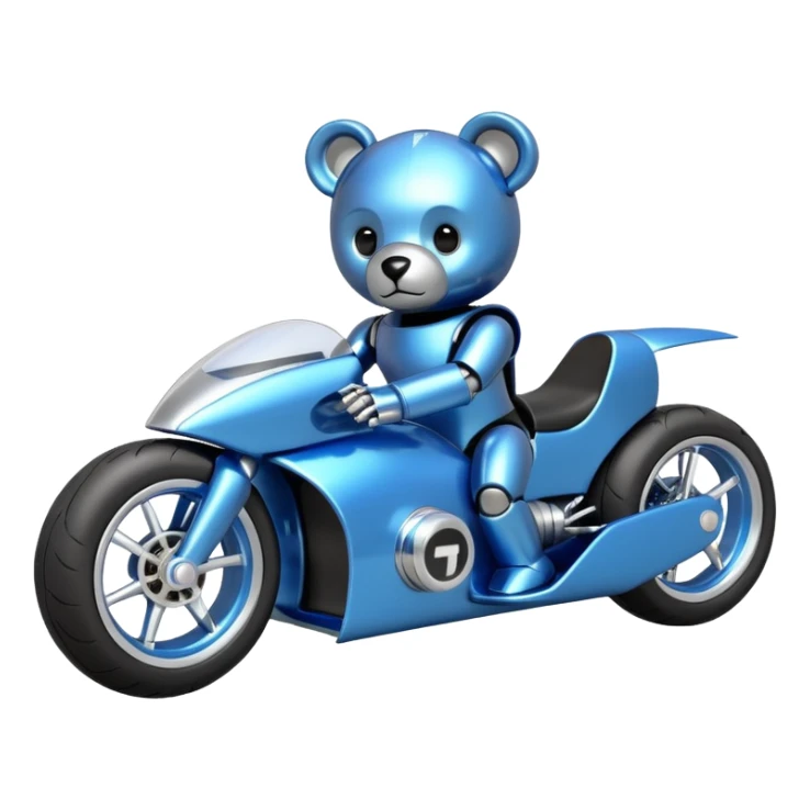  Metallic blue and lightly chrome-accented  kid-sized race car for scary robot teddy bear with custom aero body and rear wing and motorcycle wheels  sticker
