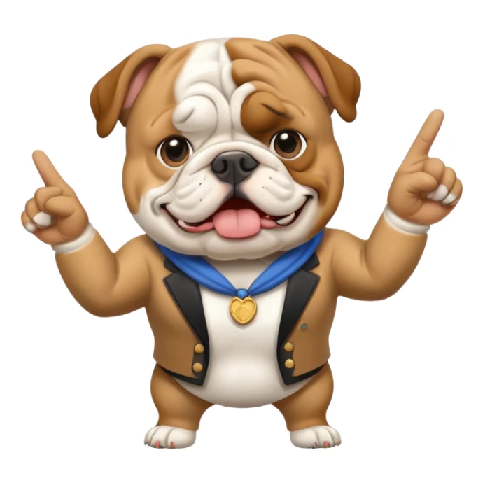 English bulldog tour guide pointing at a landmark sticker