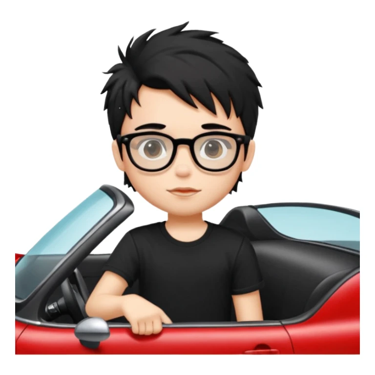 generate a pretty bratz fair skinned boy with black messy hair wearing a black tshirt driving a red car. Glasses on.  sticker