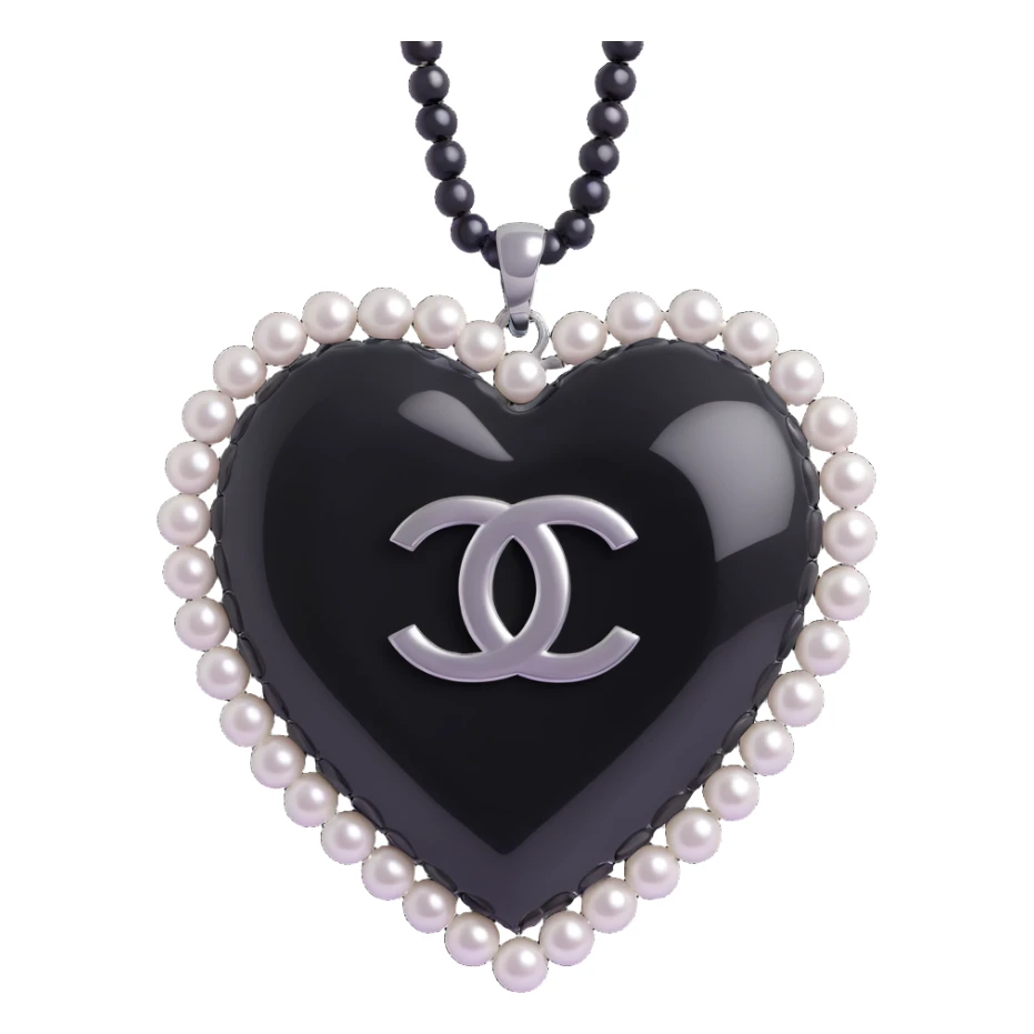 glossy black heart with a string of pearls around it, featuring a silver Chanel logo in the center, elegant, black and white color scheme sticker