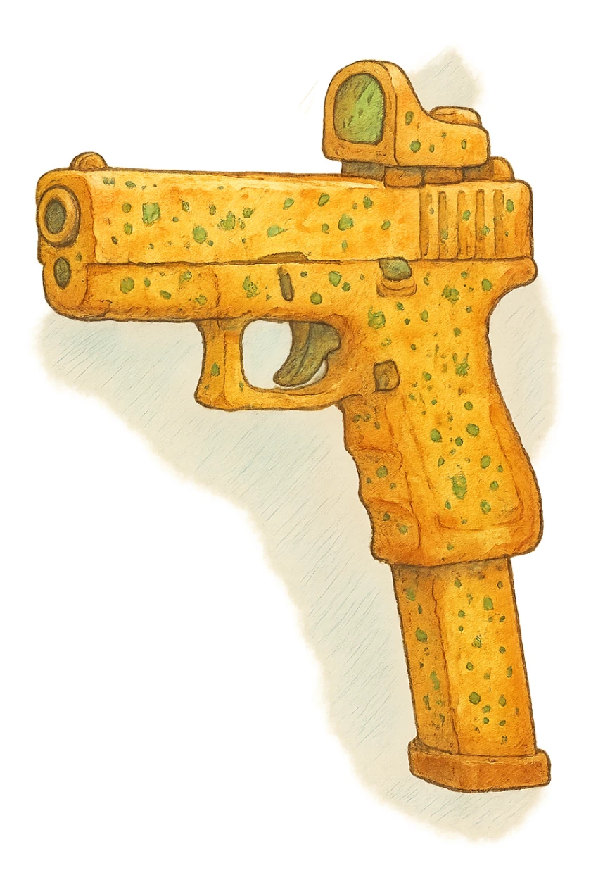A glock with an extended magazine and holo sight, except it’s garlic bread  sticker