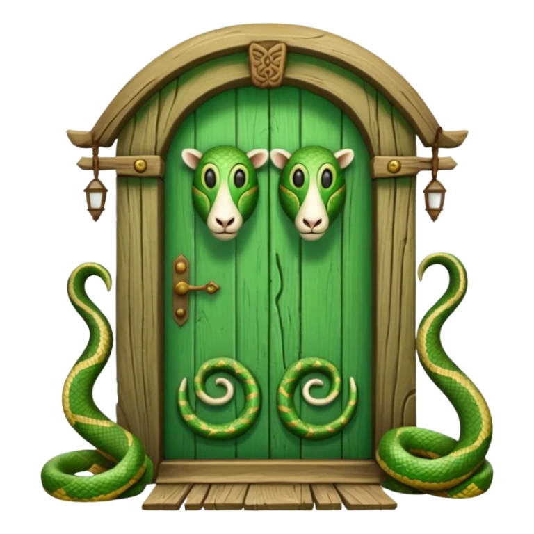 Ancient green door with a carving of a lamb and a snake on it sticker