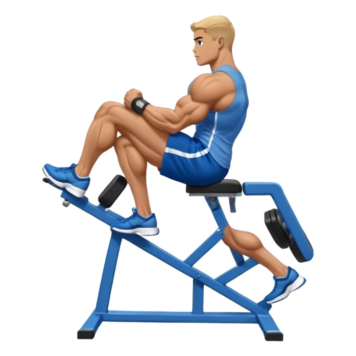 side-view bodybuilder in blue shorts seated weighted calf-raise machine lower leg exercise sticker