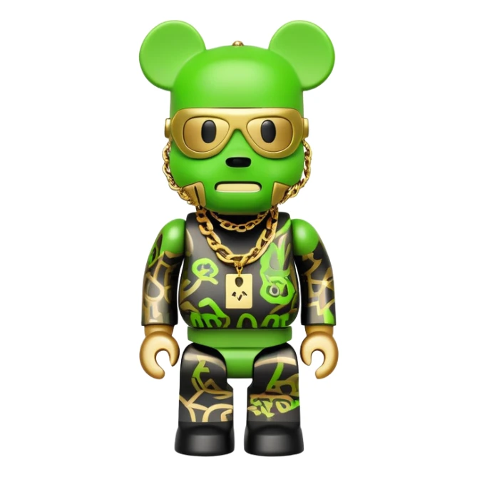 classic bearbrick figure with lime green mask covered in chaotic brand logos, wearing several large gold chains, gold pendant, rapper style accessories, expressive eyebrows sticker