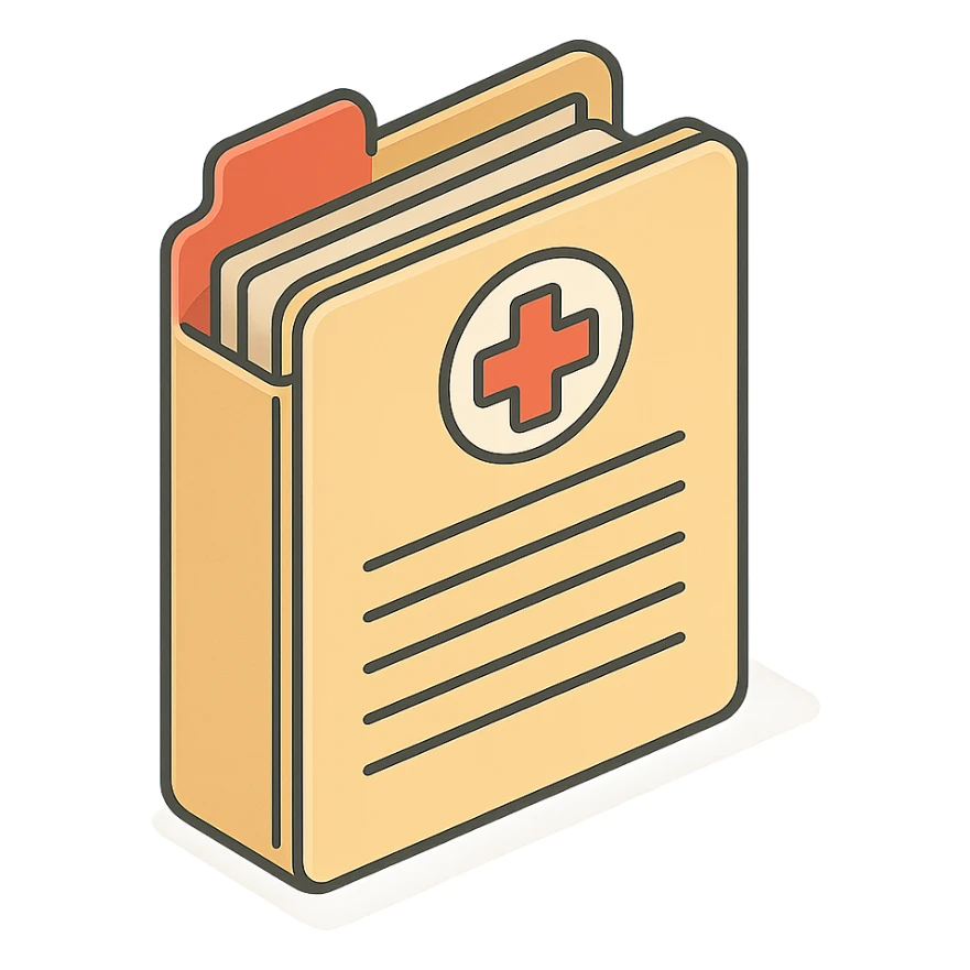 first page of medical history folder, 2D isometric style, clean outlines, highly detailed drawing, shadows and highlights, soft lighting, transparent background sticker
