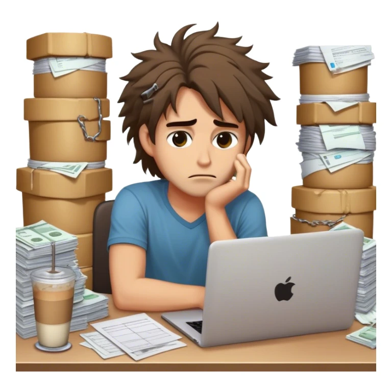 Create an emoji of an exhausted entrepreneur chained to their laptop, with stacks of invoices around them. They have tired eyes, messy hair, and a cold coffee next to them, symbolizing endless work without real progress. sticker