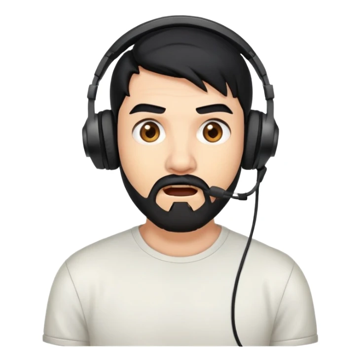 Shocked man with black hair, brown eyes, black beard wearing a gaming headset sticker