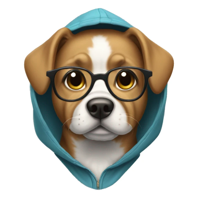Dog wearing hoodie jacket with eyeglasses sticker