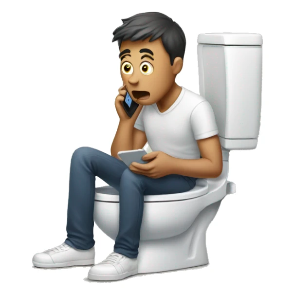 man sitting on toilet and shocked by information on phone sticker