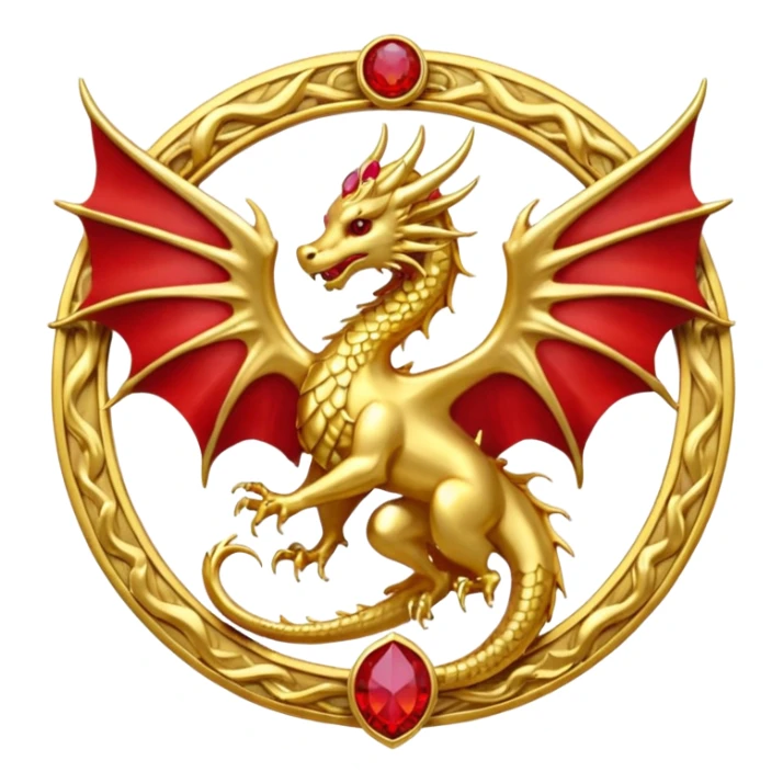 Golden Dragon with wings crest/brosch in a circle with red gems sticker
